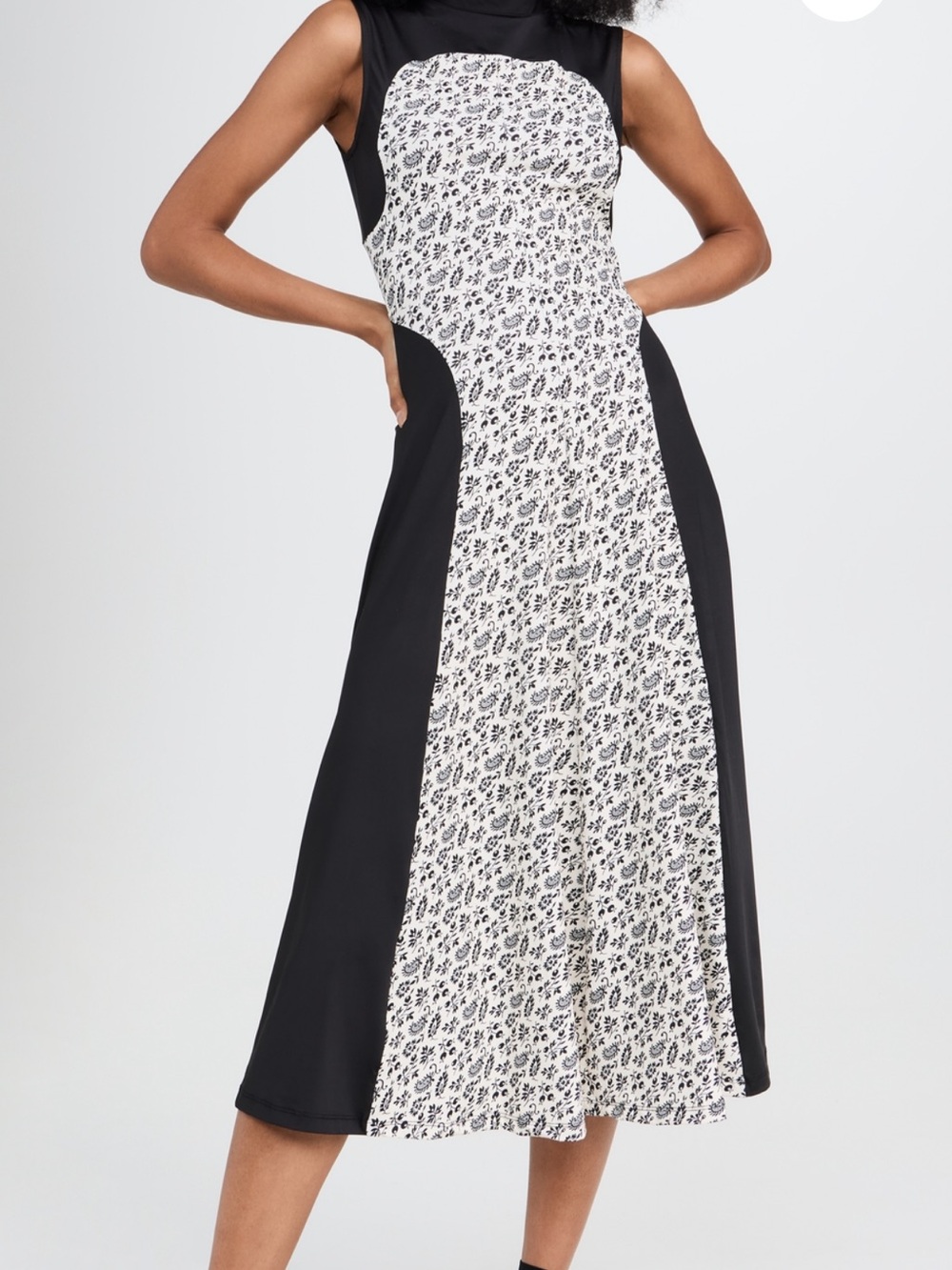 SEA Black & Cream Floral Panel Midi Dress - Sleeveless Elegant Fit